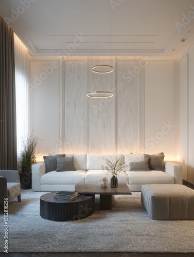Modern living room with neutral color palette and minimalist design.