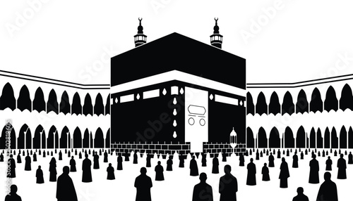 Vector Illustration of Kaaba and Masjid al-Haram with Worshippers in Black and White - Eid al adha - Eid ul Azha - Islamic 
