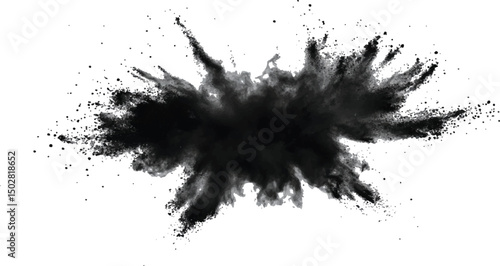 Vector black powder explosion isolated on white transparent background. Black flying explosion on a white transparent background