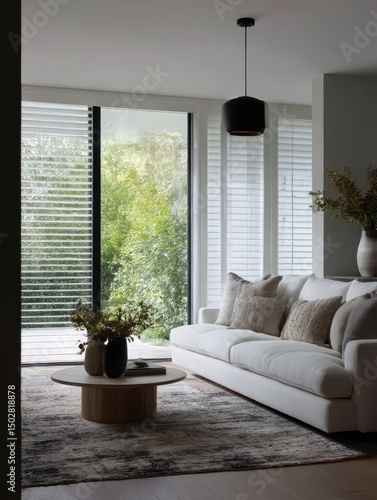 Contemporary living room with natural elements.