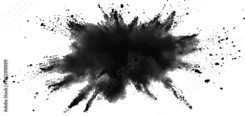 Vector black powder explosion isolated on white transparent background. Black flying explosion on a white transparent background