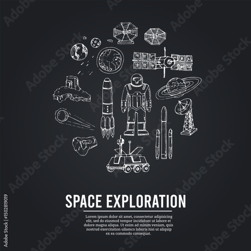 Space exploration isolated hand drawn doodles Vector set