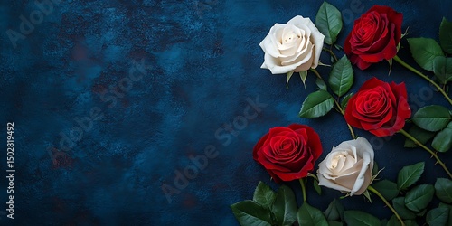 Rose wall on the right side with flat pillars, dark blue background, featuring red and white roses, floral decoration, elegant design