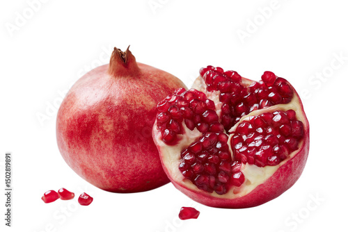 Pomegranate Whole and Opened with Arils on Transparent Background