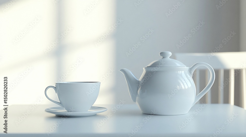Serene Morning Tea: White Teapot and Cup on Table Serene Morning Tea: White Teapot and Cup on Table