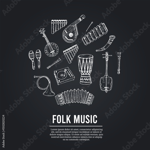 Folk music isolated hand drawn doodles Vector set