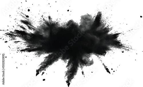 Vector black powder explosion isolated on white transparent background. Black flying explosion on a white transparent background