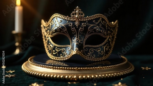 An ornate masquerade ball mask, elegantly displayed on a golden pedestal, bathed in the soft glow of candlelight, evokes a sense of mystery and elegance.