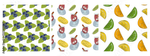 Freehand Blueberries Mulled wine in glass cup and Sliced Citrus Fruits Seasonal Seamless Pattern Set