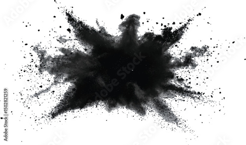 Vector black powder explosion isolated on white transparent background. Black flying explosion on a white transparent background