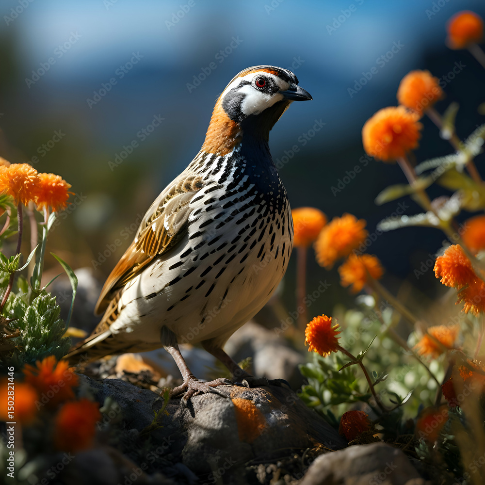 Fototapeta premium Speckled Mountain Quail Amidst Orange Flowers