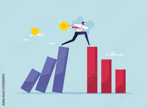Change investment from down turn to rising up concept, businessman jumping off from falling or unstable chart to rising up or stable chart