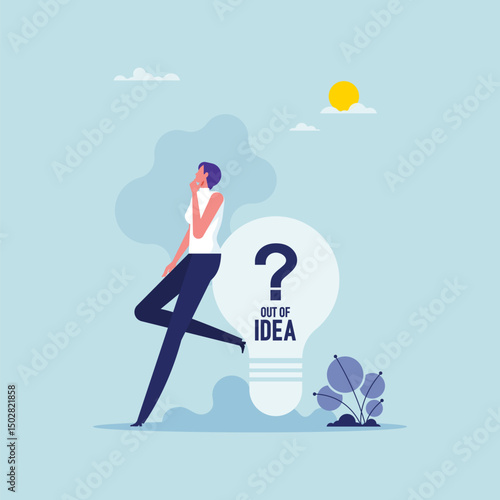 No new idea or inspiration concept, businesswoman standing with old lightbulb idea, failing in solving problems or searching solutions