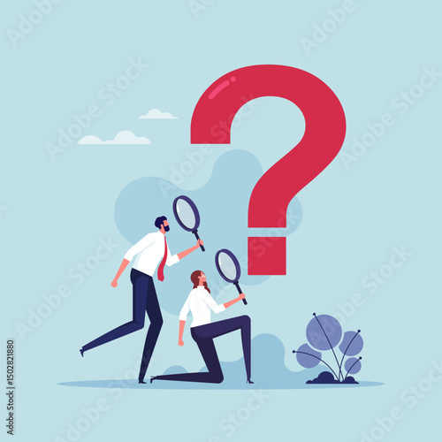 Problem analysis or problem management concept, business team with magnifying glass analyze question marks, analyze or investigate for root cause or incident, finding solution 