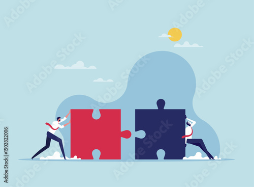 Human and ai artificial intelligence working together concept, solution or connect idea, businessman and ai robot connect jigsaw puzzle