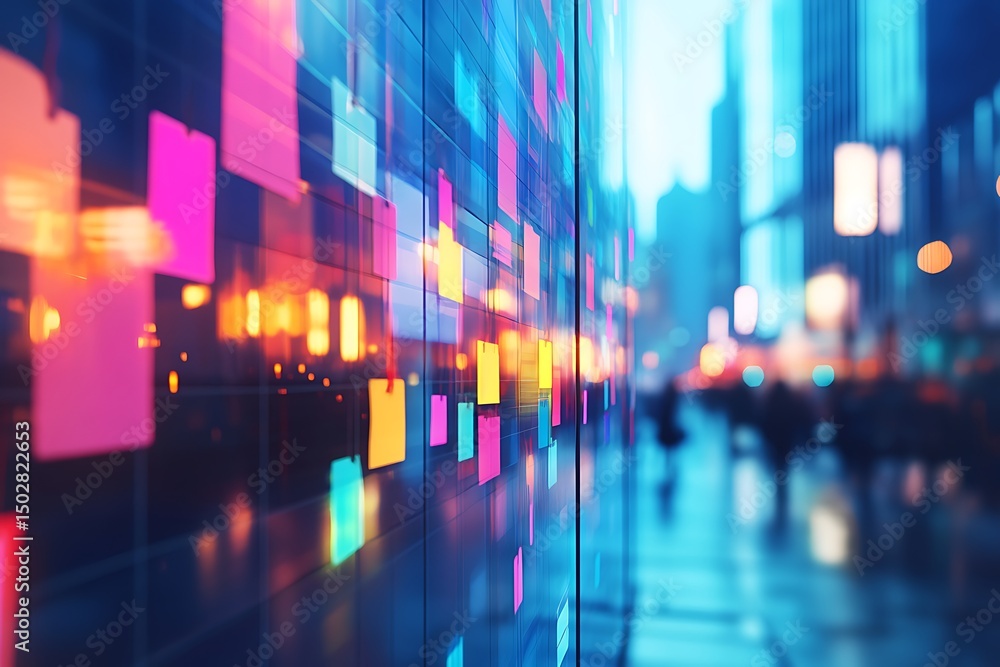 Fototapeta premium Abstract digital display with neon sticky notes in a city street at night