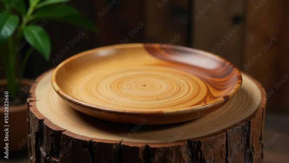 Obraz premium Rustic Wooden Plate Resting on a Tree Stump, a Still Life of Natural Elegance and Simple Beauty