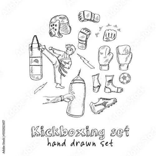 Kickboxing hand drawn doodle set. Vector illustration. Isolated elements on white background. Symbol collection.