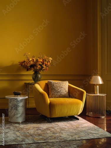 Mustard yellow velvet armchair in a stylish living room.