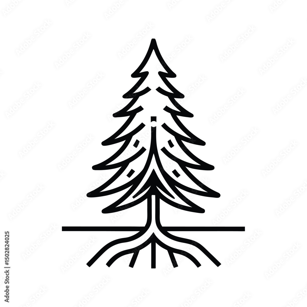 Evergreen Tree with Roots Illustration Evergreen Tree with Roots Illustration