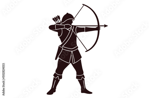 Silhouette of Medieval Archer with Bow and Arrow Aiming in Action Pose