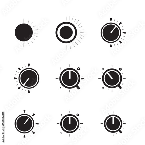A collection of stylized, adjustable control knobs in various settings.