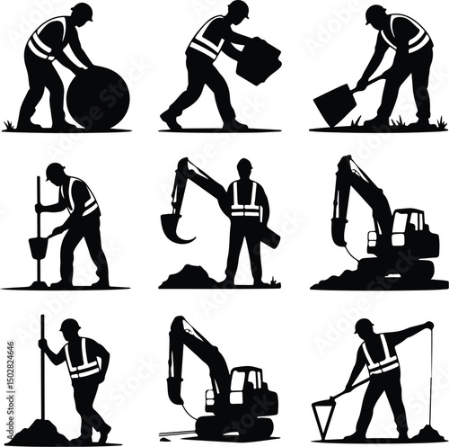 Construction Workers Silhouette Set – Builder, Engineer, Labor Vector Pack Silhouettes of Construction Men at Work – Industrial Worker Graphic Set