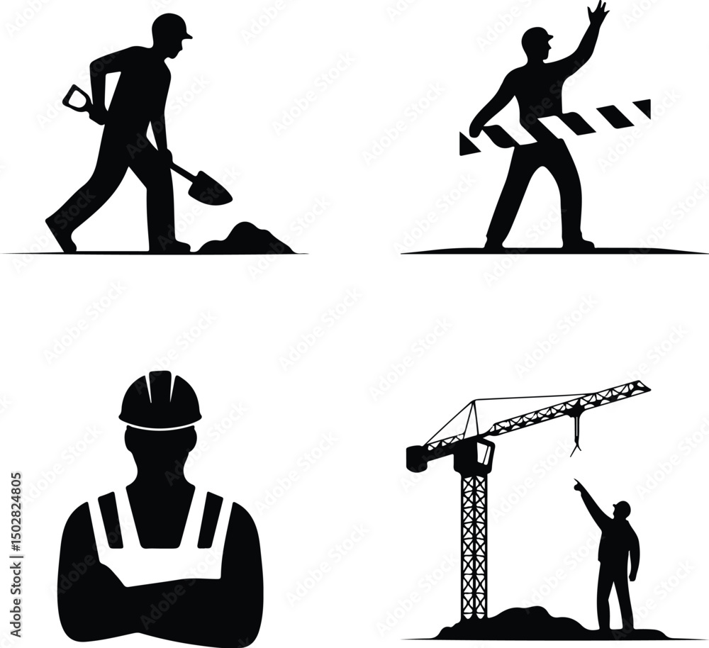 Obraz premium Construction Workers Silhouette Set – Builder, Engineer, Labor Vector Pack Silhouettes of Construction Men at Work – Industrial Worker Graphic Set