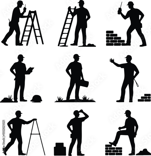 Construction Workers Silhouette Set – Builder, Engineer, Labor Vector Pack Silhouettes of Construction Men at Work – Industrial Worker Graphic Set