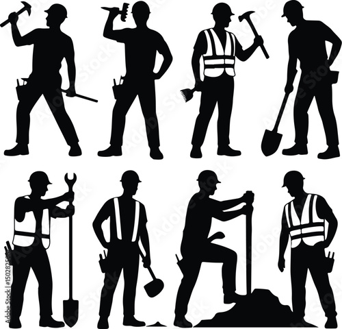 Construction Workers Silhouette Set – Builder, Engineer, Labor Vector Pack Silhouettes of Construction Men at Work – Industrial Worker Graphic Set