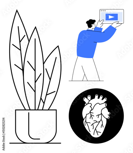Potted plant with broad leaves, anatomical heart in a circle, and person holding a video window. Ideal for wellness, health, creativity, learning, nature, science modern design simple landing page