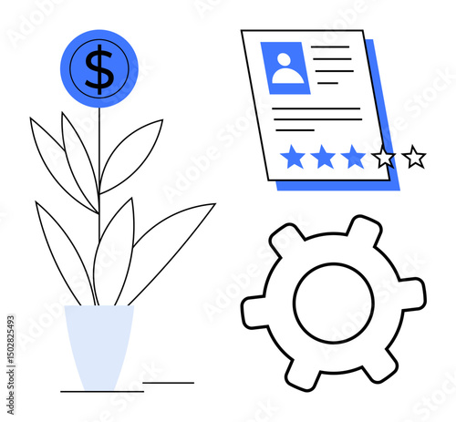 Dollar sign atop plant, resume with review stars, gearwheel symbolizing career growth. Ideal for business, HR, finance, professional progress, skill building success teamwork. Modern flat simple