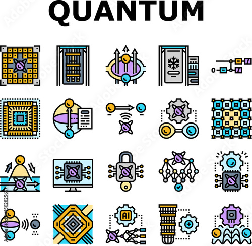 quantum computer qubit icons set vector