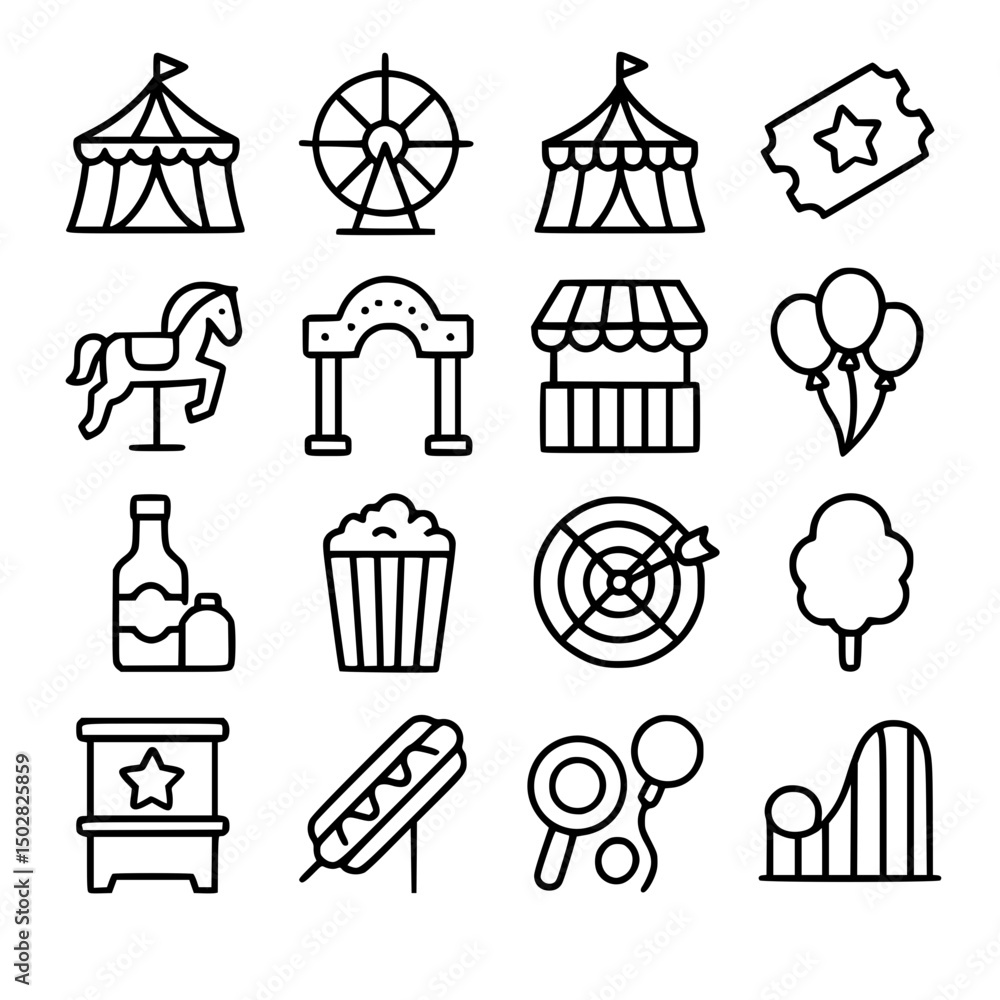 Fototapeta premium Simple Outline Carnival Theme Elements and Attraction Icon Set Collection