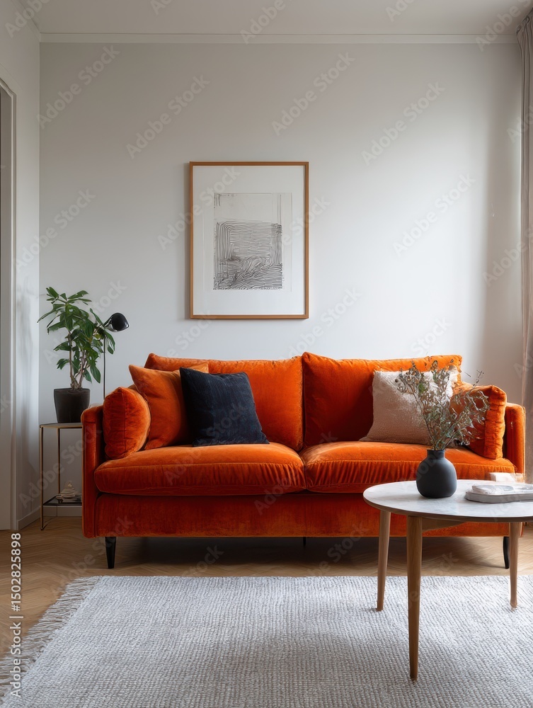 Fototapeta premium Modern living room with an orange velvet couch and a light gray rug.