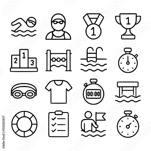 Minimalist Line Art Swimming Sport and Competition Element Icon Set