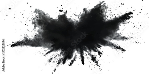 Black powder explosion on white background. Black dust explodes. Paint holi. Black vibrant rainbow holi paint color powder explosion with black colors isolated white background.