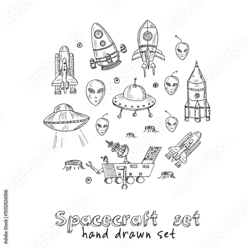 Spacecraft hand drawn doodle set. Isolated elements on white background. Symbol collection.