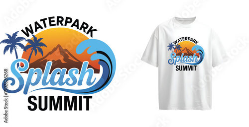 Tropical Waterpark Vacation T-Shirt Graphic - Sunset & Palm Trees