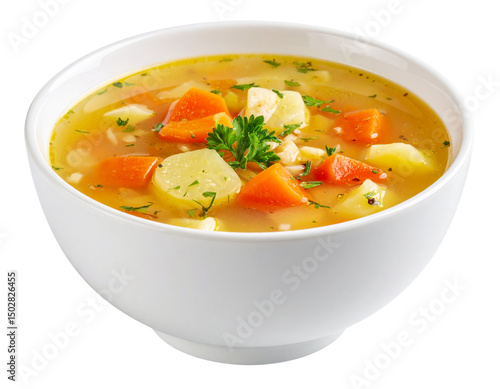 A white bowl of hot and sour vegetable soup, against isolated on a transparent background