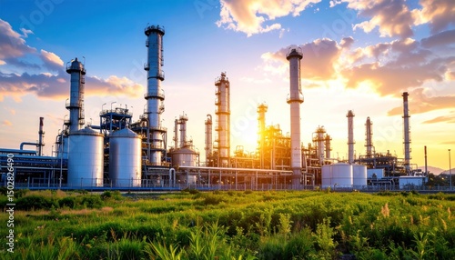 Industrial Plant with Towers and Tanks at Sunset