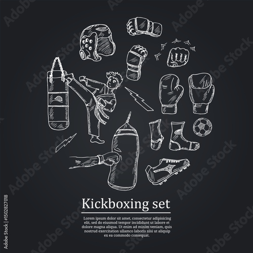 Kickboxing hand drawn doodle set. Vector illustration. Isolated elements on white background. Symbol collection.