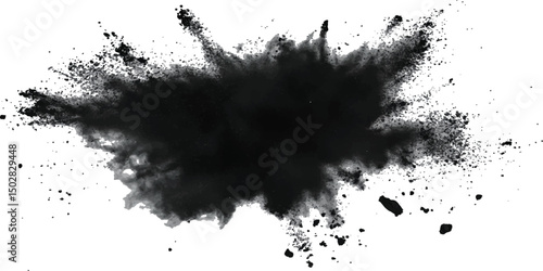 Black powder explosion on white background. Black dust explodes. Paint holi. Black vibrant rainbow holi paint color powder explosion with black colors isolated white background.