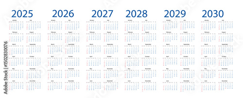 calendar 2025-2030, design for five years plan, new year 
