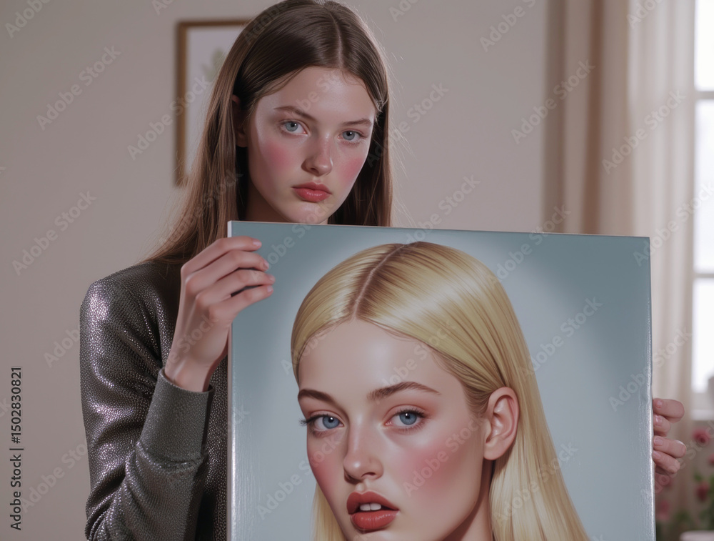 Naklejka premium woman holding a painting of themselves