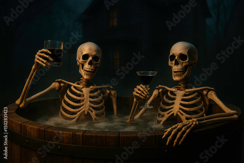 Two skeletons relax hot tub. Holding drink, creating eerie humorous atmosphere. Halloween holiday theme, haunted house vibe. Unusual lifestyle concept, spooky fun moment. Spooky party design