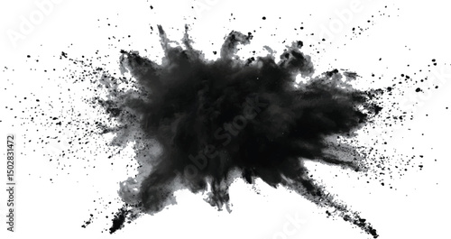 Black powder explosion on white background. Black dust explodes. Paint holi. Black vibrant rainbow holi paint color powder explosion with black colors isolated white background.