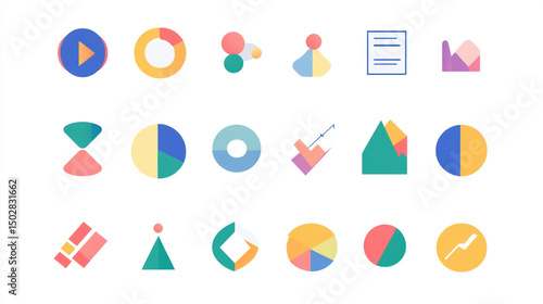 Simple flat business icon set in bright colors and clean lines covering corporate themes such as finance, teamwork and growth isolated on white background. Modern vector style design