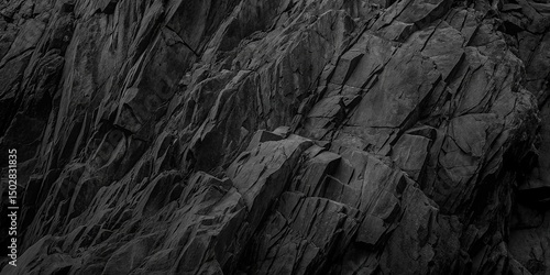Dark monochromatic rock face features deep cracks, sharp edges, and rough texture creating an abstract backdrop