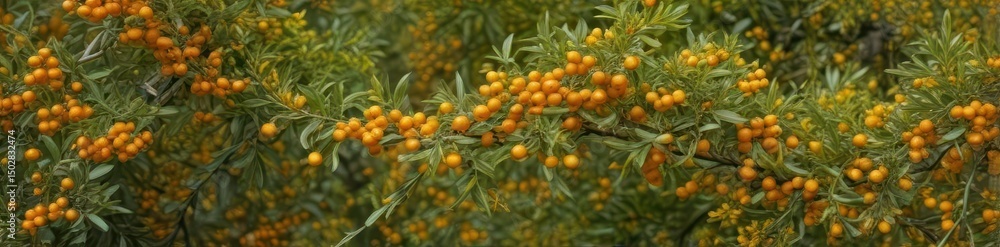 Bush with bright yellow berries and flowers Sea buckthorn in full bloom shows vibrant color , color, flowers, nature Bush with bright yellow berries and flowers Sea buckthorn in full bloom shows vibrant color , color, flowers, nature